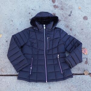 Calvin Klein Black Puffer Coat Women's L Faux Fur Hood Water Resistant